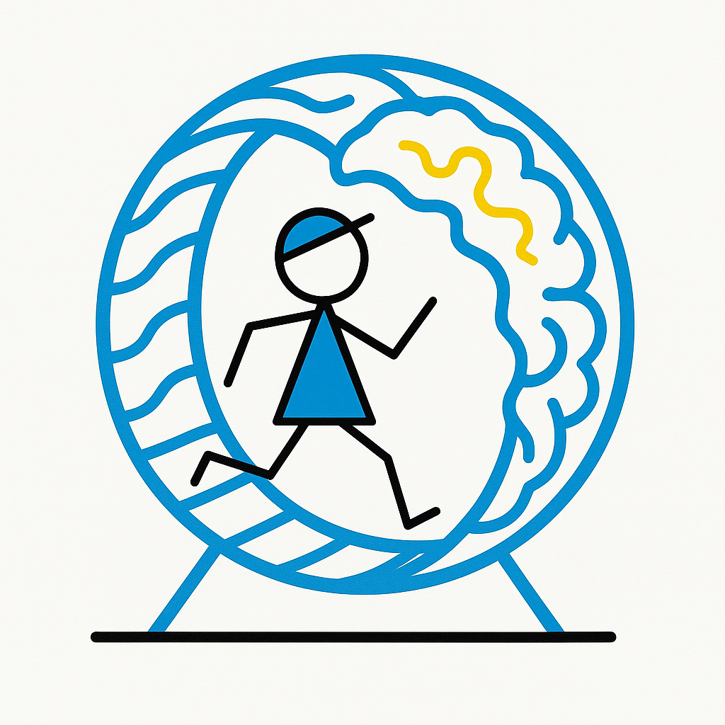 Zeichnung eines Strichmännchens, dass im Hamsterrad läuft, dessen Innenseite wie Gehirnmasse gezeichnet ist.